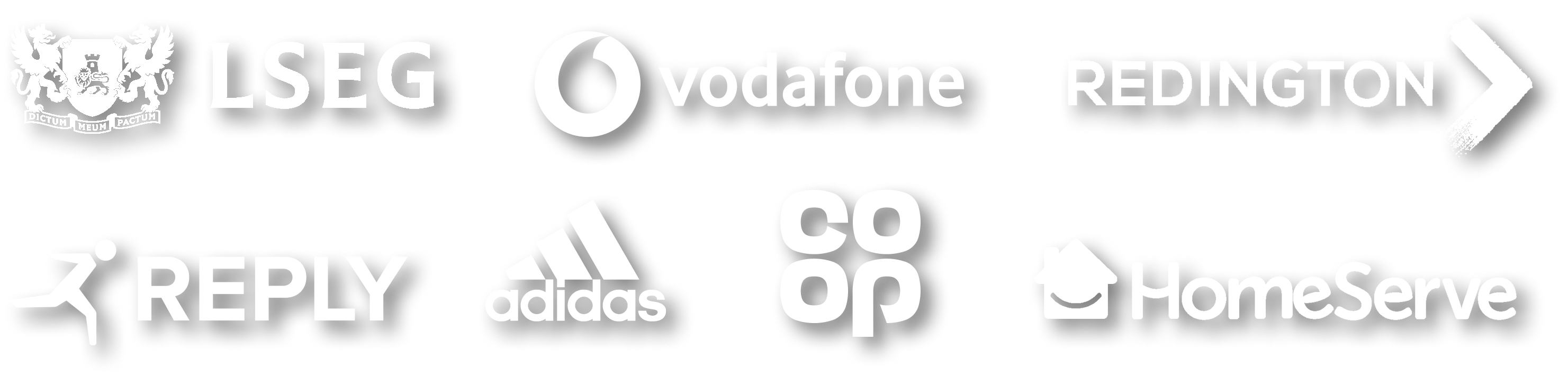 Client list: London Stock Exchange Group, Vodafone, Redington Ltd, Adidas, The Co-operative Group, Homeserve, Reply Agency