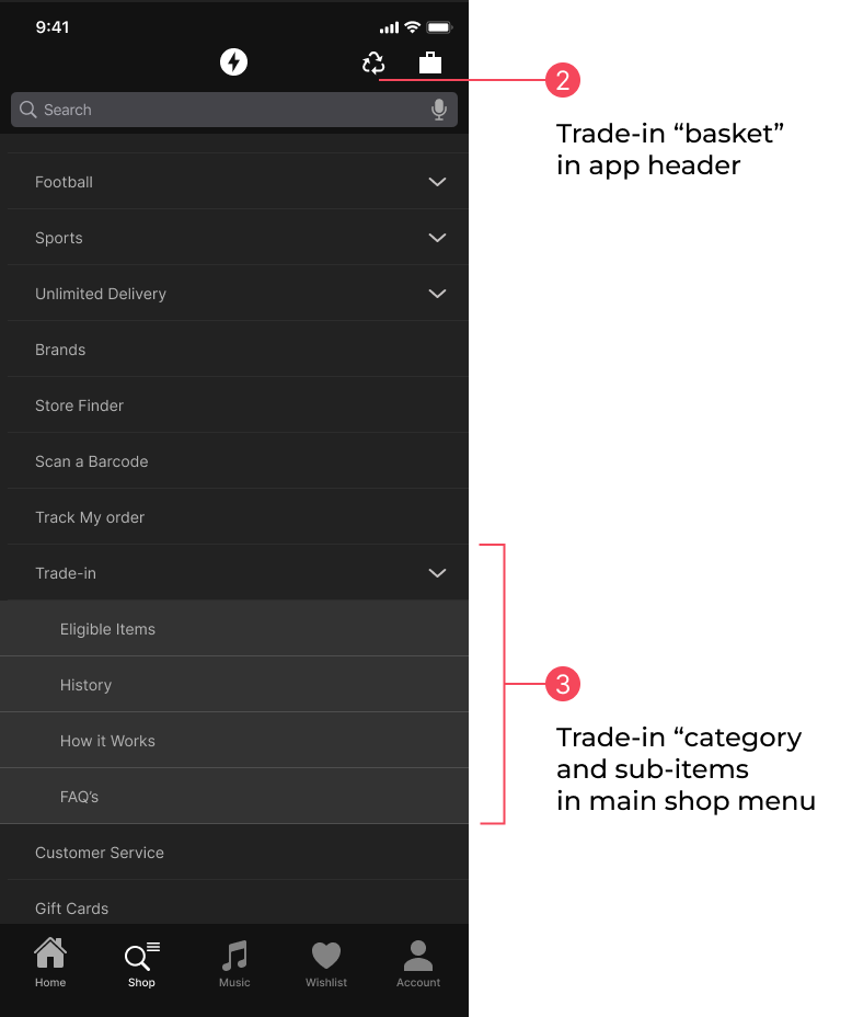 App menu showing new category for Trade-in pages