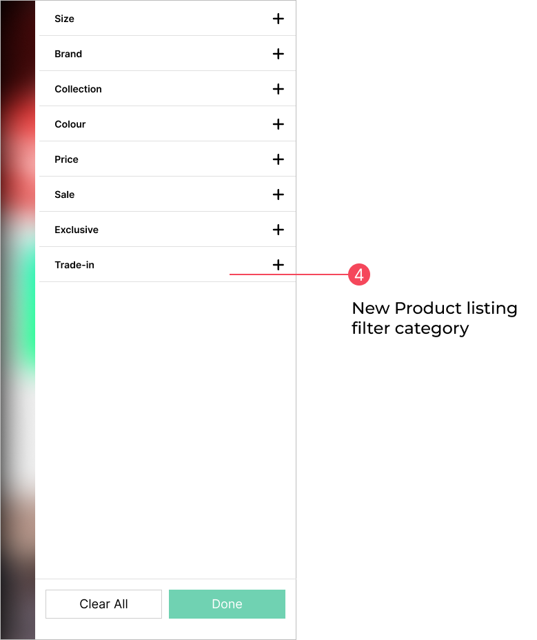 Product listing filters showing new Trade-in category
